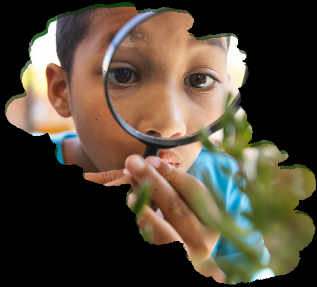 Boy, fascinated, looks through magnifying glass. 